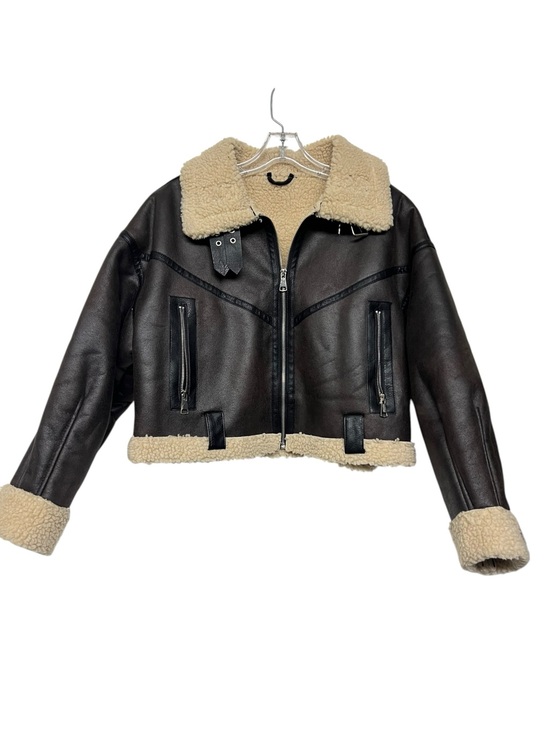 Jackets & Blazers - Faux Leather Shearling Trim Cropped Biker Jacket Sherpa Lined Chocolate Brown